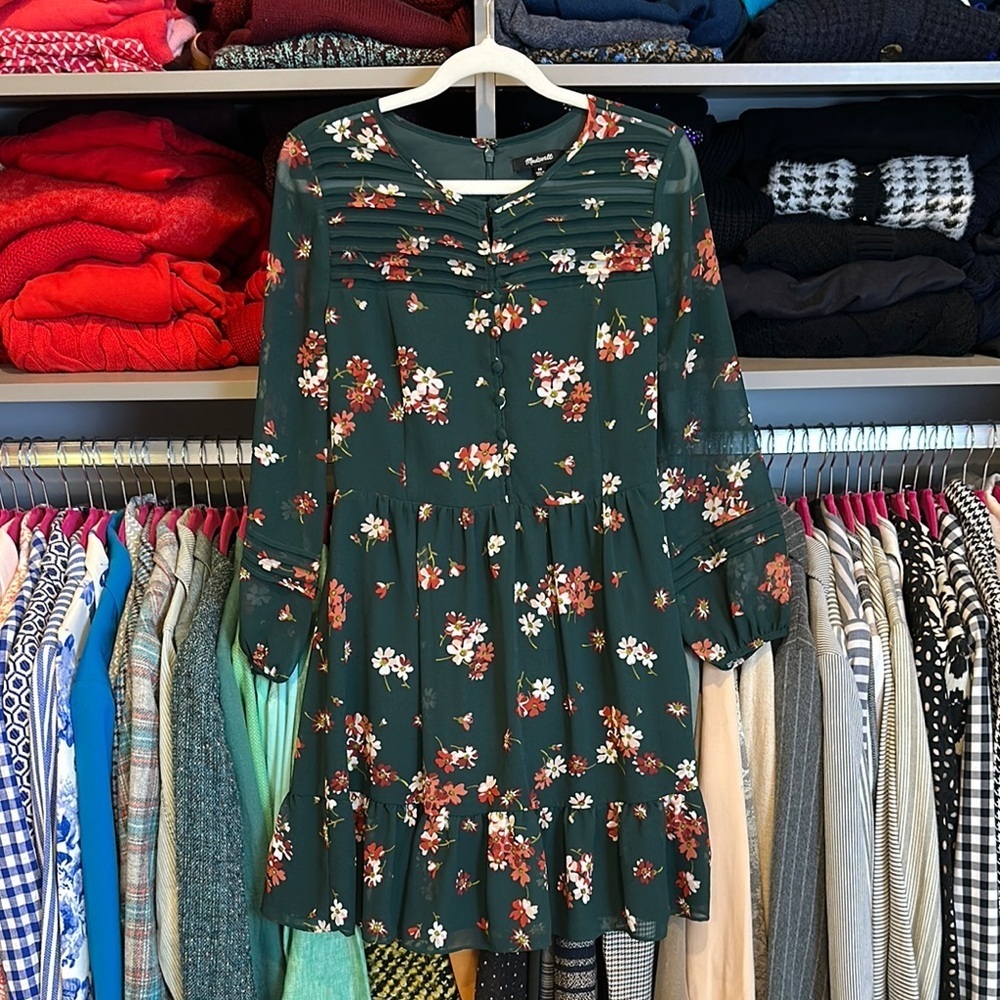 Madewell green/rust floral long semi sheer sleeve back zipper dress size 00